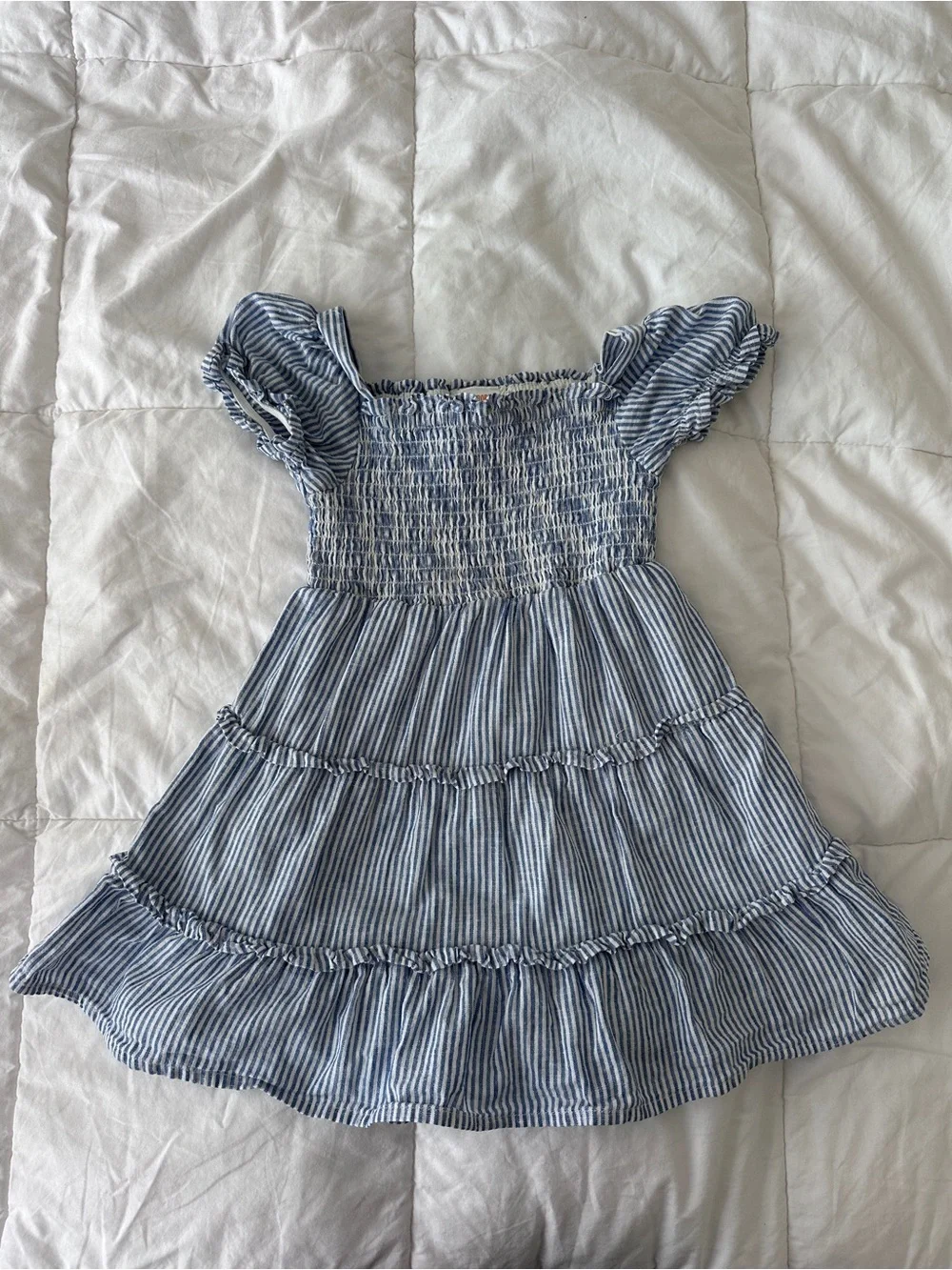 Gymboree Toddler Girl 2T Linen Blue Striped Smocked Tiered Dress